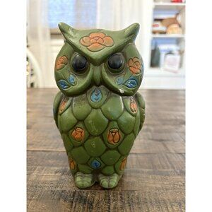 Vintage Owl Coin Bank Green Floral Paper Mache 1960’s Decor